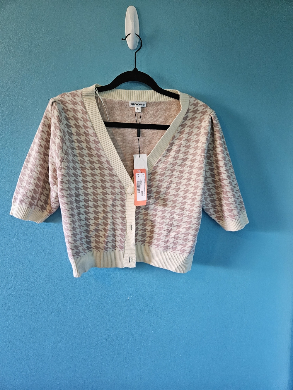 Vigoss Pink and Cream Houndstooth Short-Sleeve Cardigan